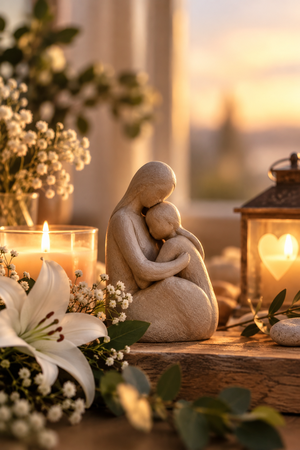Symbolische Figur einer tröstenden Umarmung mit Kerzen und Lilien