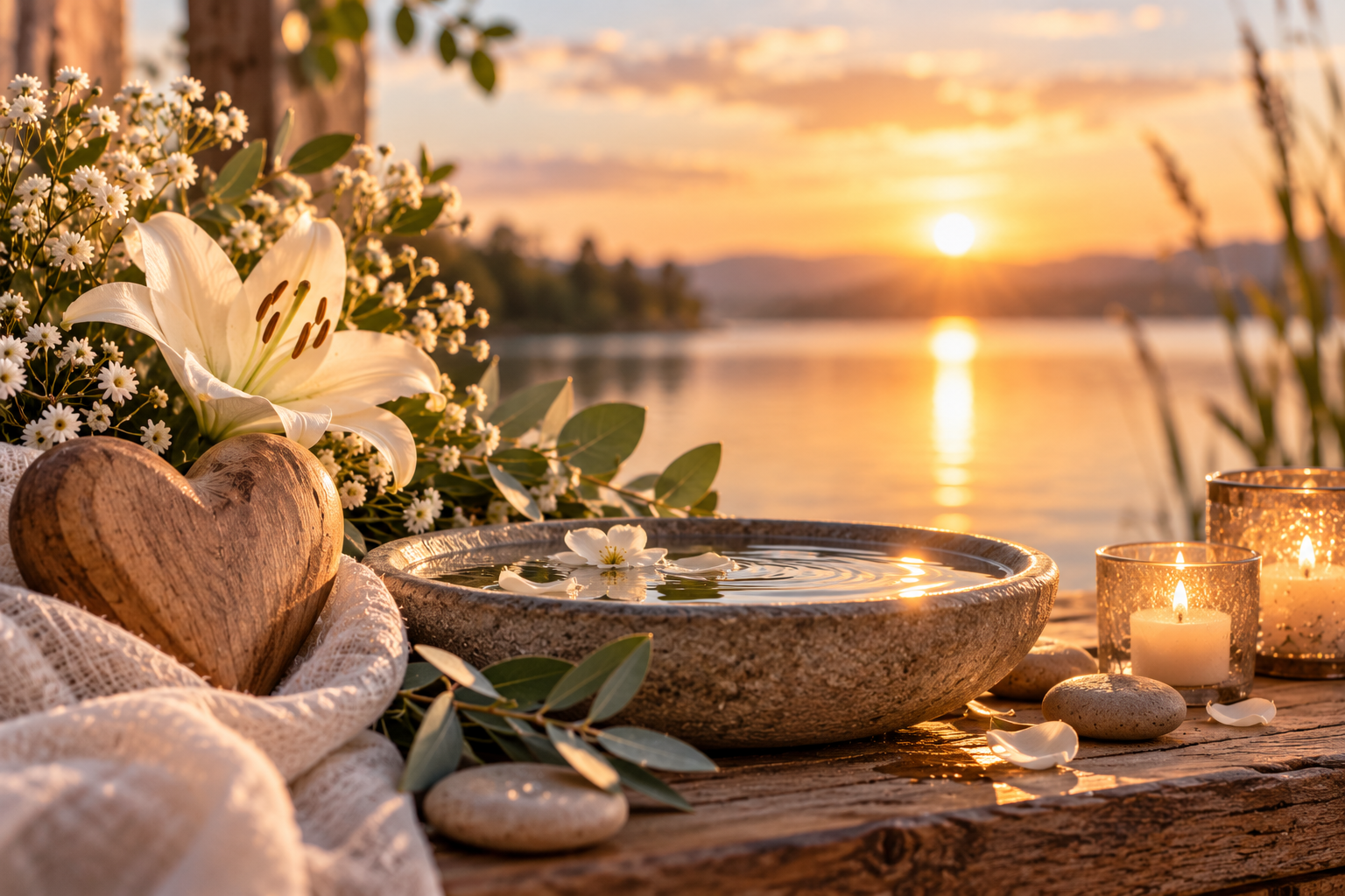 Holzherz, Wasserschale, Kerzen und Sonnenuntergang am See